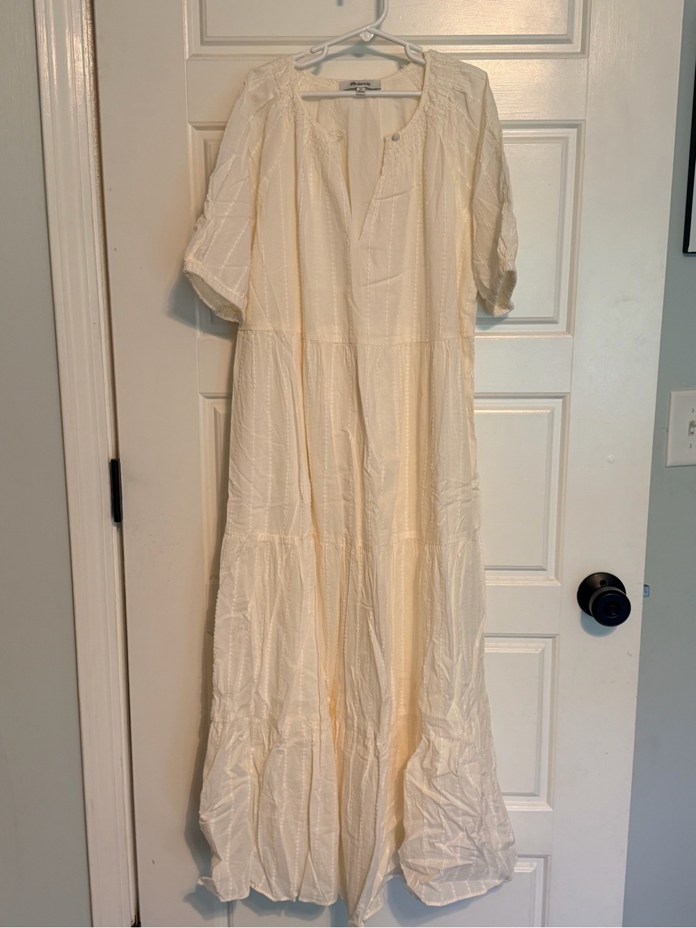Madewell Cream Tiered Midi Dress with Button Neck